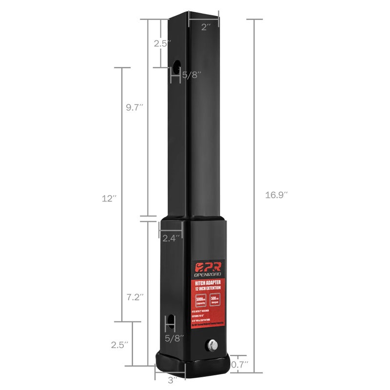 OPENROAD Trailer Hitch Extensionï¼Œ12 inch Hitch Extender Length for 2-inch Receiver Tube Extender,5000lbs GTW,500 lbs TW,Includes 5/8'' Hitch Pin - Image 3